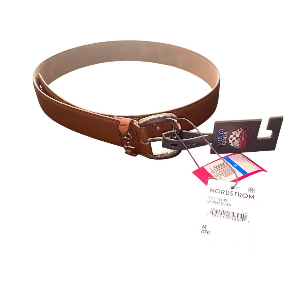 NWT Vince Camuto Cognac Leather Belt Horsebit Equestrian Silver Buckle Med 31-37